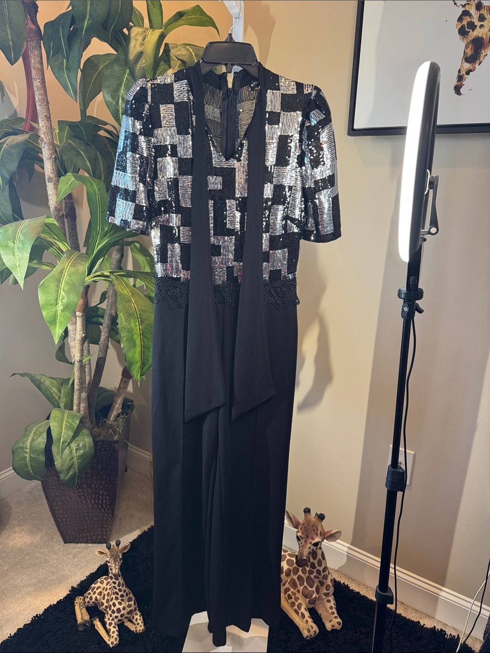 Sequin-Detail V- Black Jumpsuit with Silver Check Pattern. Size L, wide legs.